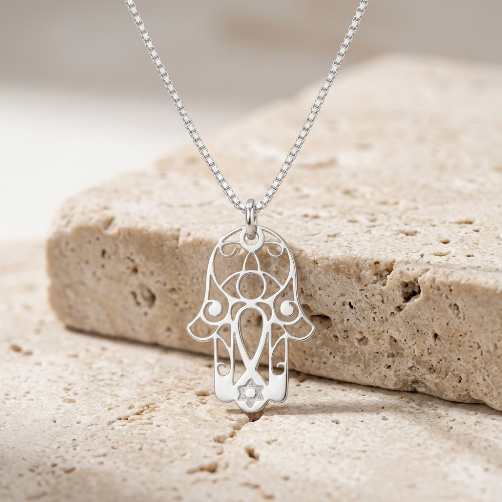 Hamsa Star of David Necklace, Sterling Silver Jewish Amulet Hamsa Star of David Necklace, Sterling Silver Jewish Amulet