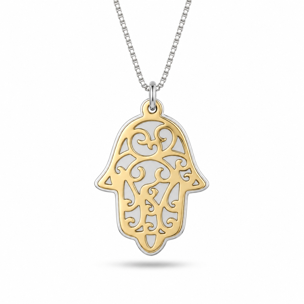 Two-Tone Hamsa Pendant Necklace — Sterling Silver & Gold Plated Judaica Two-Tone Hamsa Pendant Necklace — Sterling Silver & Gold Plated Judaica