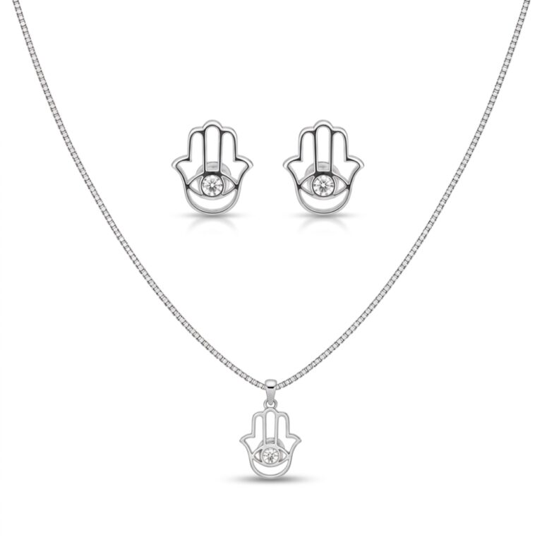 Hamsa Necklace and Earrings Set — Sterling Silver Evil Eye Protection Jewelry