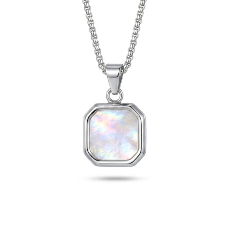 Custom Engraved White Stone Necklace — Stainless Steel Curb Chain, Gift from Israel