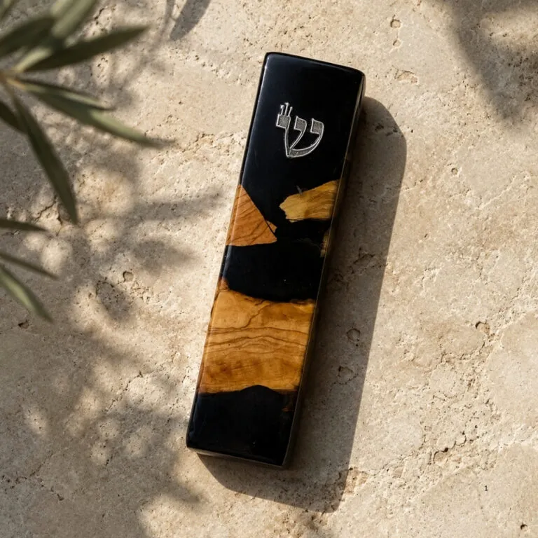 Handmade Olive Wood Mezuzah — Black Epoxy, Modern Judaica