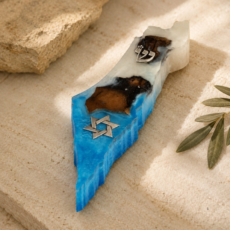 Handmade Olive Wood Mezuzah — Israel Map, Two-Tone Resin Judaica