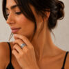 Woman wearing a sterling silver Jerusalem Wall Hebrew name ring on her finger