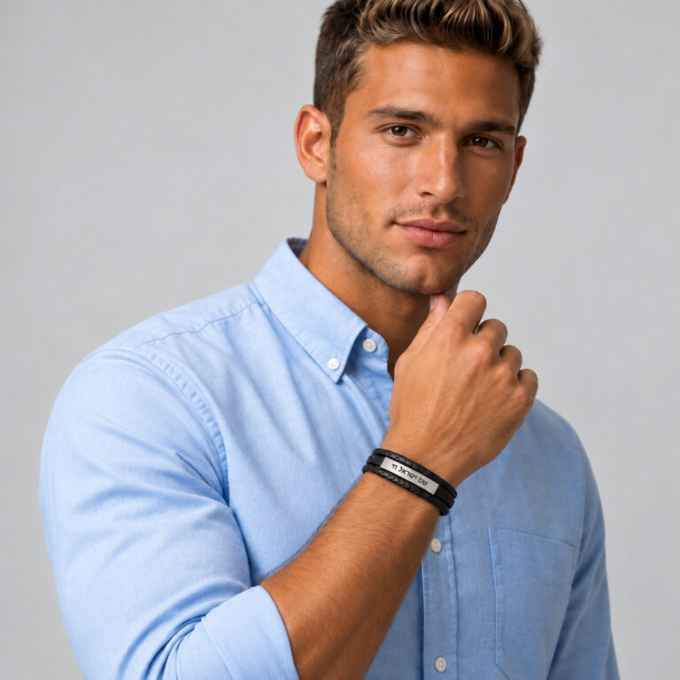 Man wearing the engraved black leather bracelet for men, a braided multi strand bracelet with a stainless steel bar