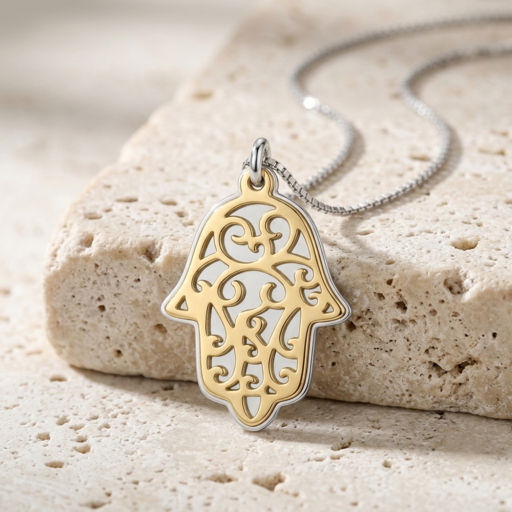 Two-Tone Hamsa Pendant Necklace — Sterling Silver & Gold Plated Judaica Two-Tone Hamsa Pendant Necklace — Sterling Silver & Gold Plated Judaica