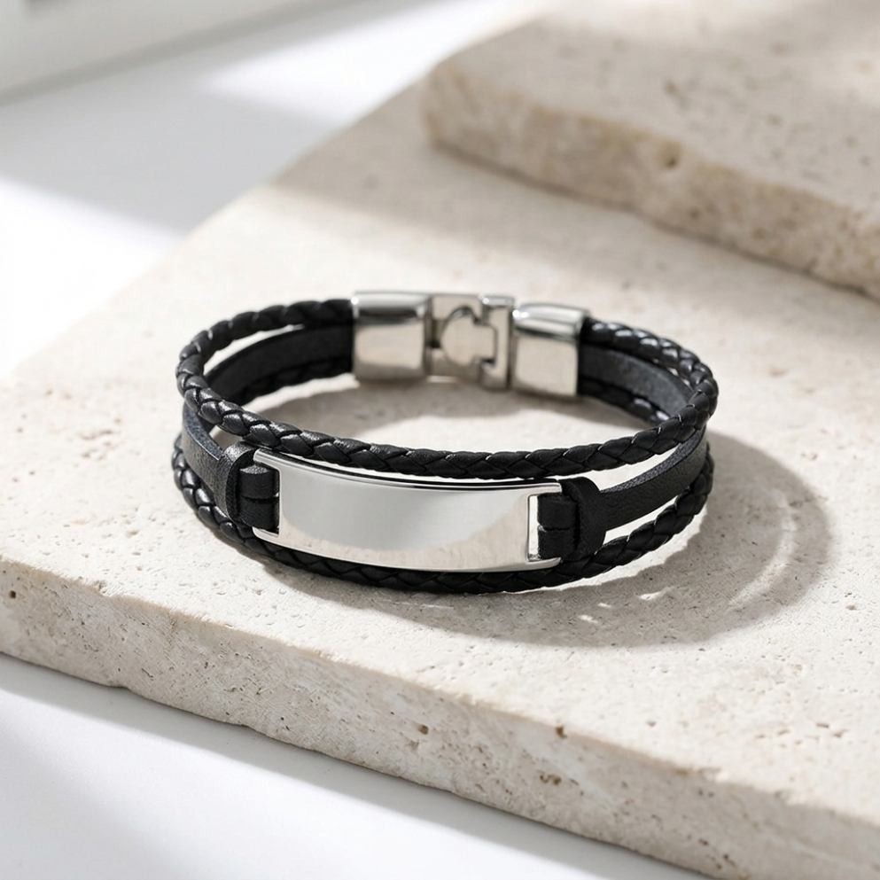 Men's Engraved Leather Bracelet, Braided Black, Brown or White, Hebrew or English Steel Nameplate Men's Engraved Leather Bracelet, Braided Black, Brown or White, Hebrew or English Steel Nameplate