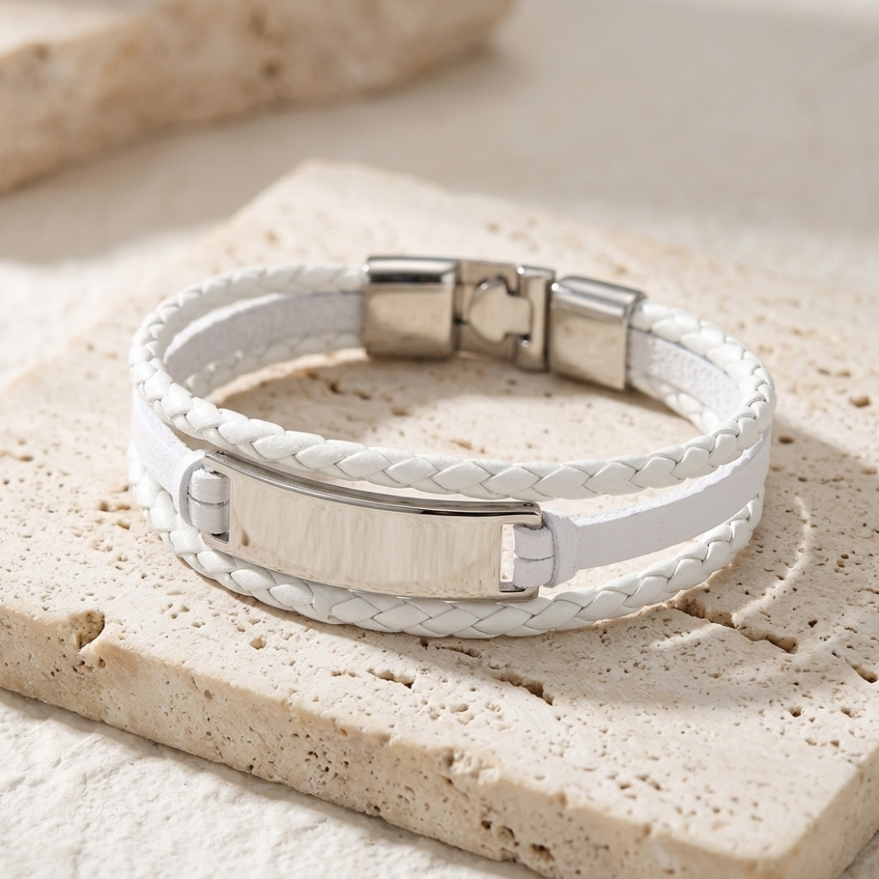 Men's Engraved Leather Bracelet, Braided Black, Brown or White, Hebrew or English Steel Nameplate Men's Engraved Leather Bracelet, Braided Black, Brown or White, Hebrew or English Steel Nameplate
