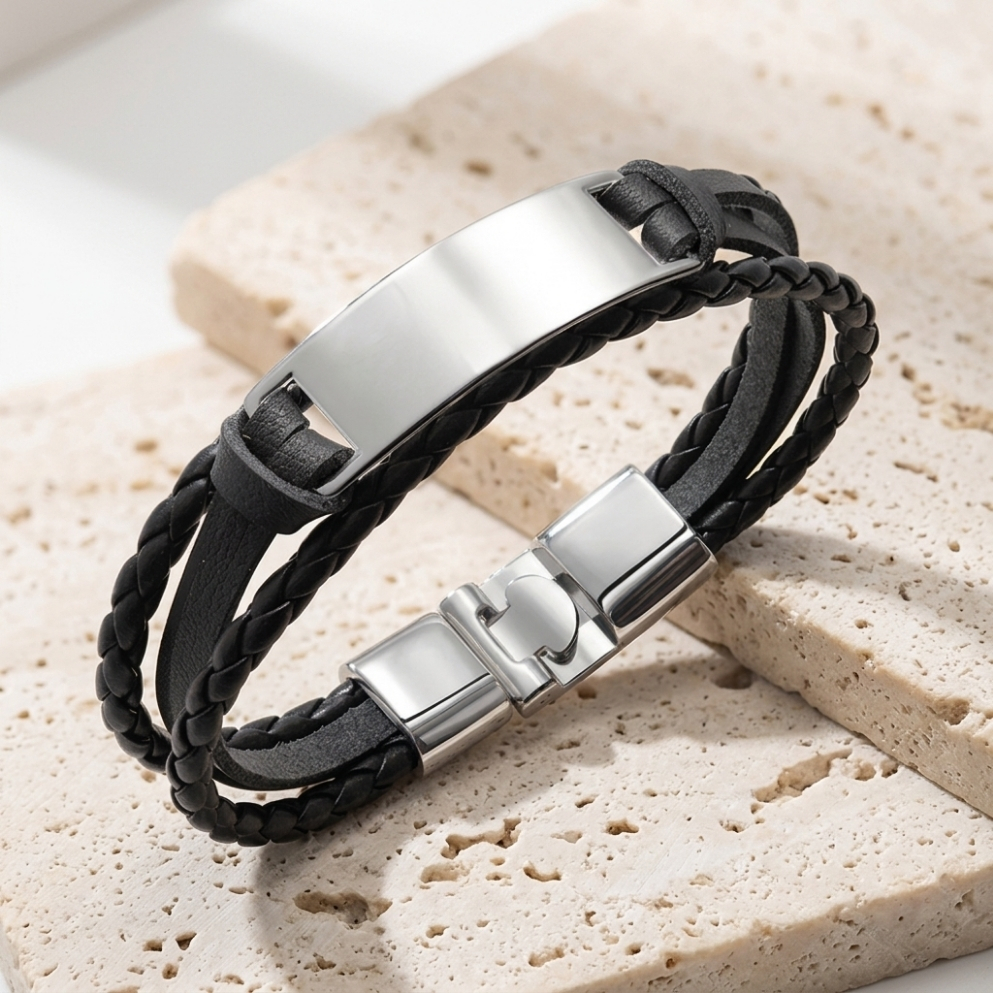 Men's Engraved Leather Bracelet, Braided Black, Brown or White, Hebrew or English Steel Nameplate Men's Engraved Leather Bracelet, Braided Black, Brown or White, Hebrew or English Steel Nameplate