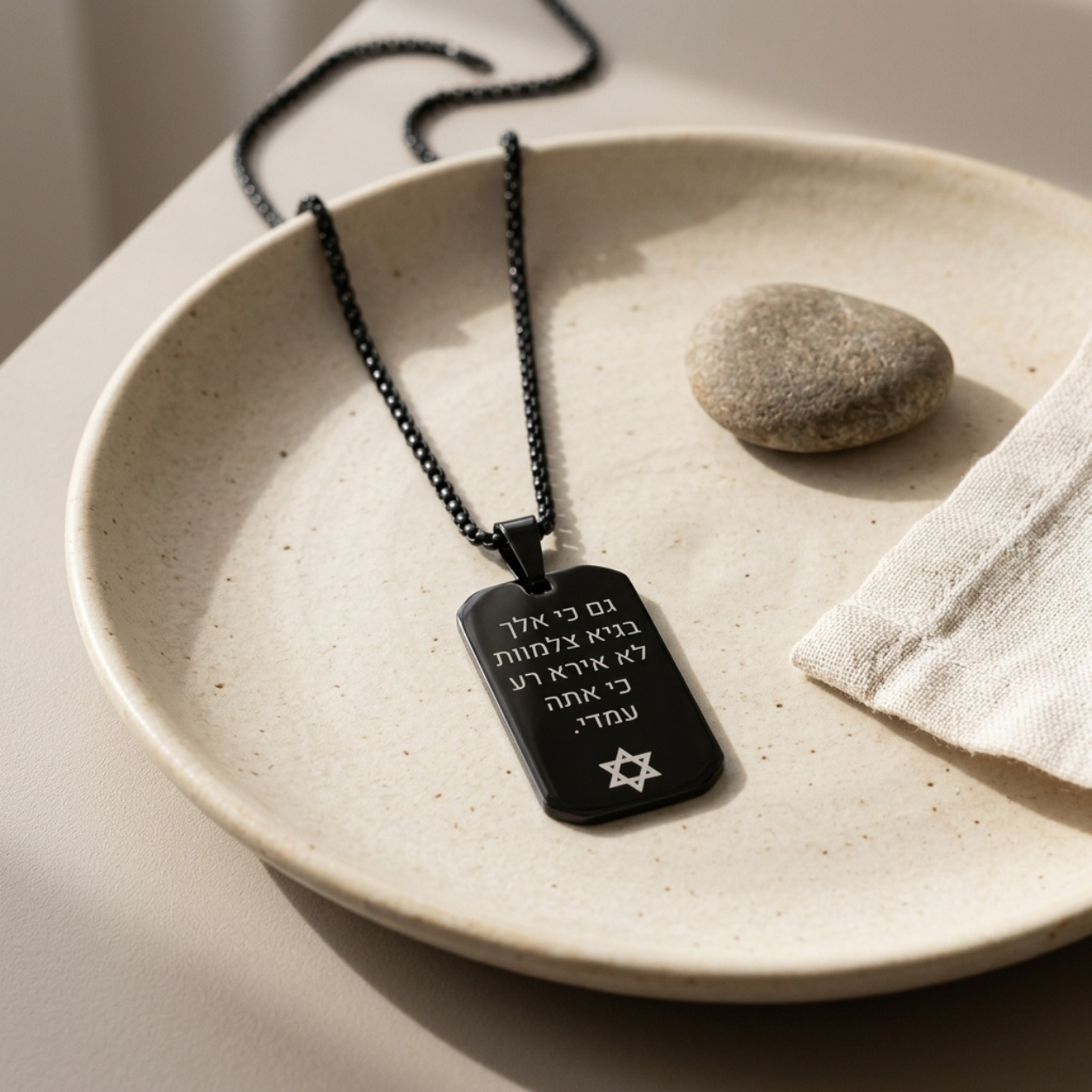Black Dog Tag Necklace for Men, Stainless Steel, Hebrew Psalm 23, Two-Side Engraving Black Dog Tag Necklace for Men, Stainless Steel, Hebrew Psalm 23, Two-Side Engraving