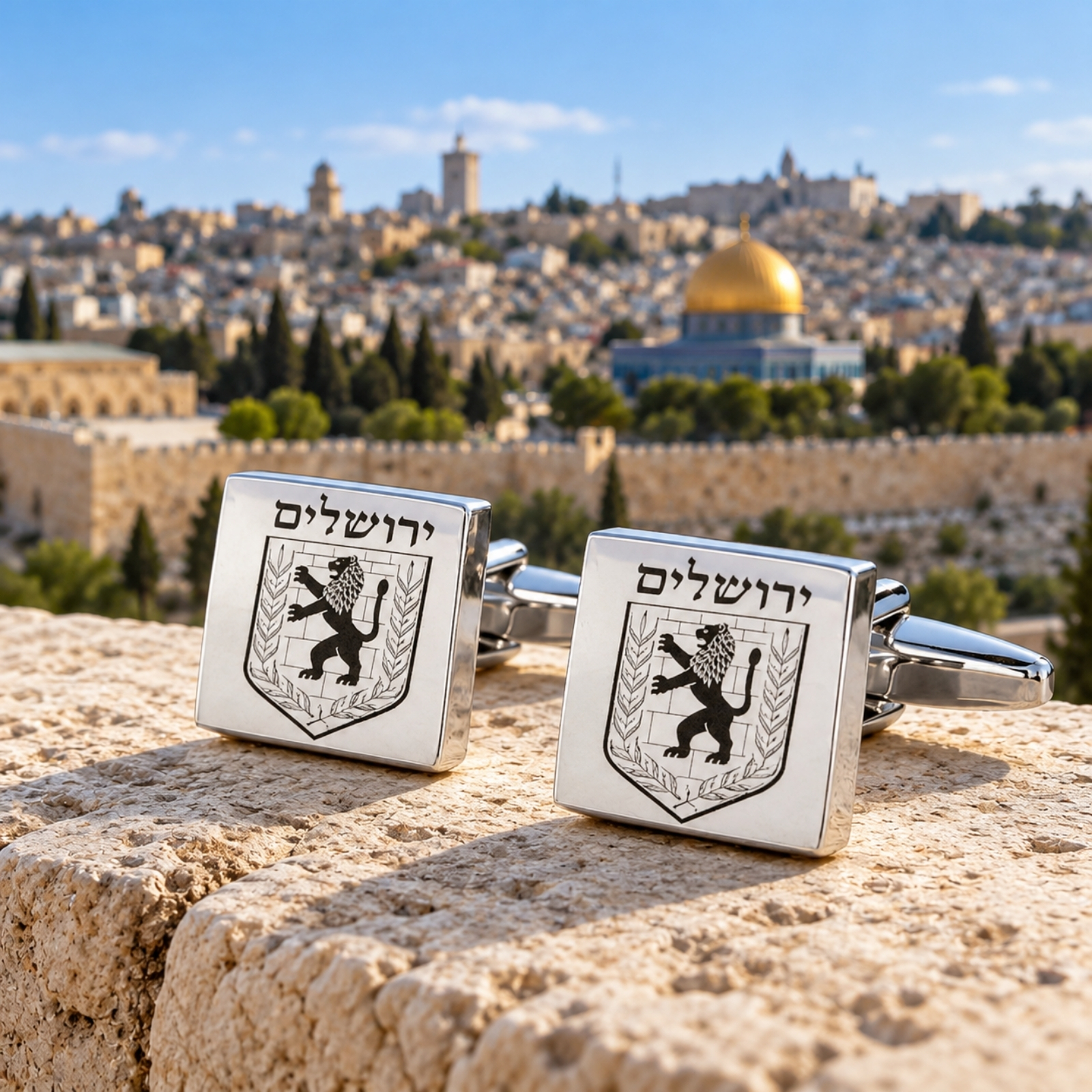 Engraved Cufflinks Sterling Silver, Custom Hebrew or English Text, Square 15mm, Jerusalem Emblem Engraved Cufflinks Sterling Silver, Custom Hebrew or English Text, Square 15mm, Jerusalem Emblem