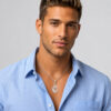 Man wearing a sterling silver Hebrew flame pendant necklace reading האש שלי (My Fire)