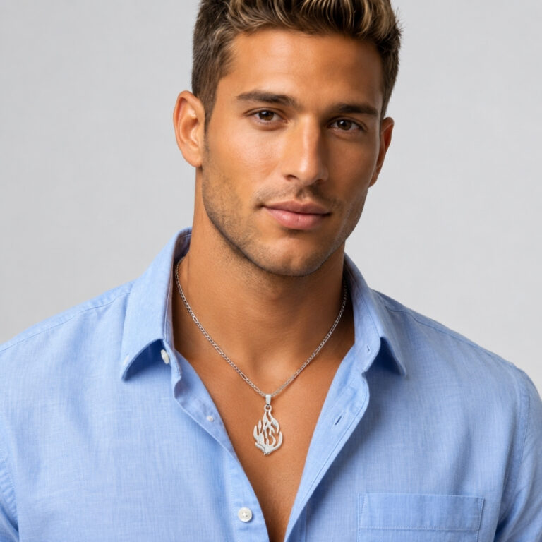 Man wearing a sterling silver Hebrew flame pendant necklace reading האש שלי (My Fire)