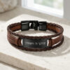 Brown leather bracelet with a black nameplate engraved with the Hebrew priestly blessing Yevarechecha, Jewish gift for men