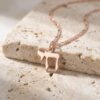 Rose gold Chai pendant resting on natural stone, dainty Jewish necklace with the Hebrew word Chai