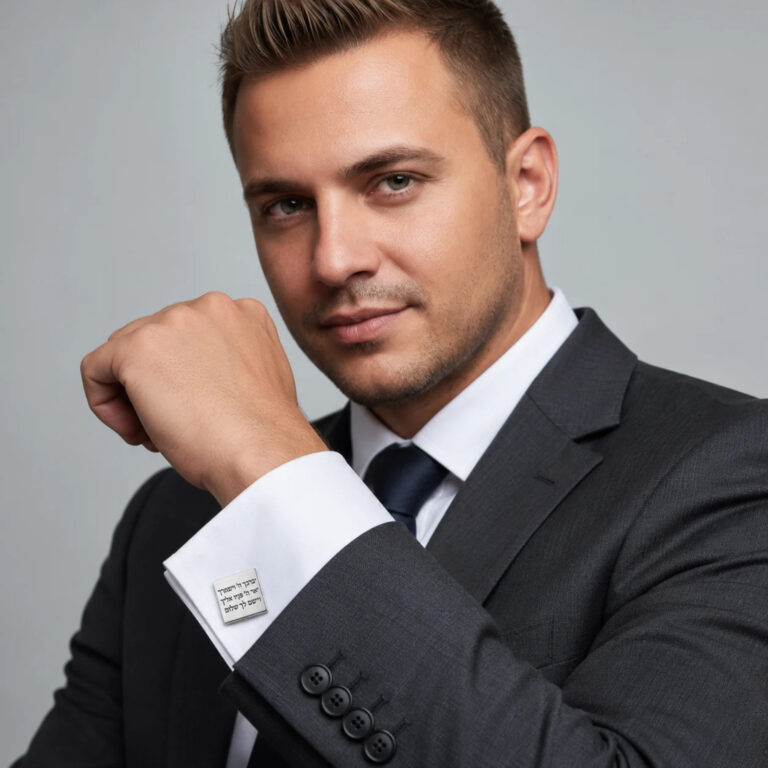 Man in a dark suit and white shirt adjusting his square engraved cufflinks at the cuff