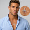 Man in a light blue shirt wearing the sterling silver zirconia Chai necklace, with an inset showing the pendant size