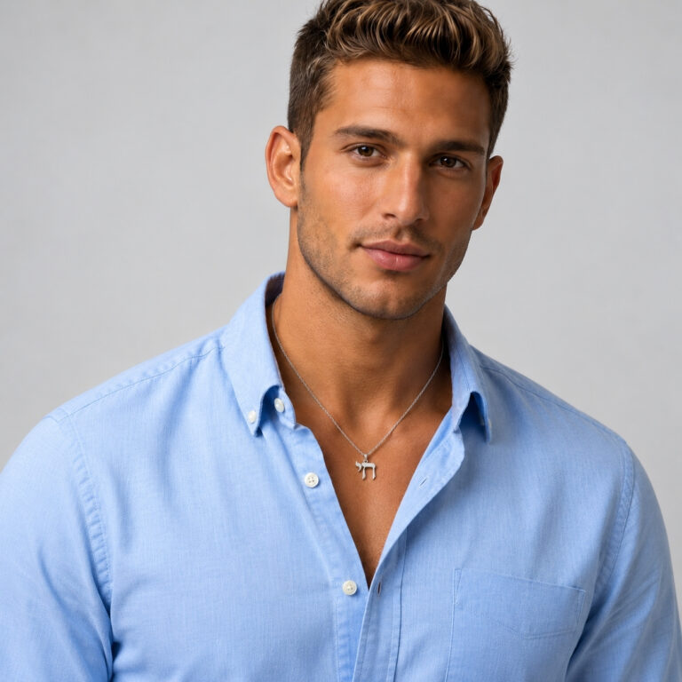Man in a blue shirt wearing a small sterling silver Chai necklace, showing the real size of the Hebrew pendant