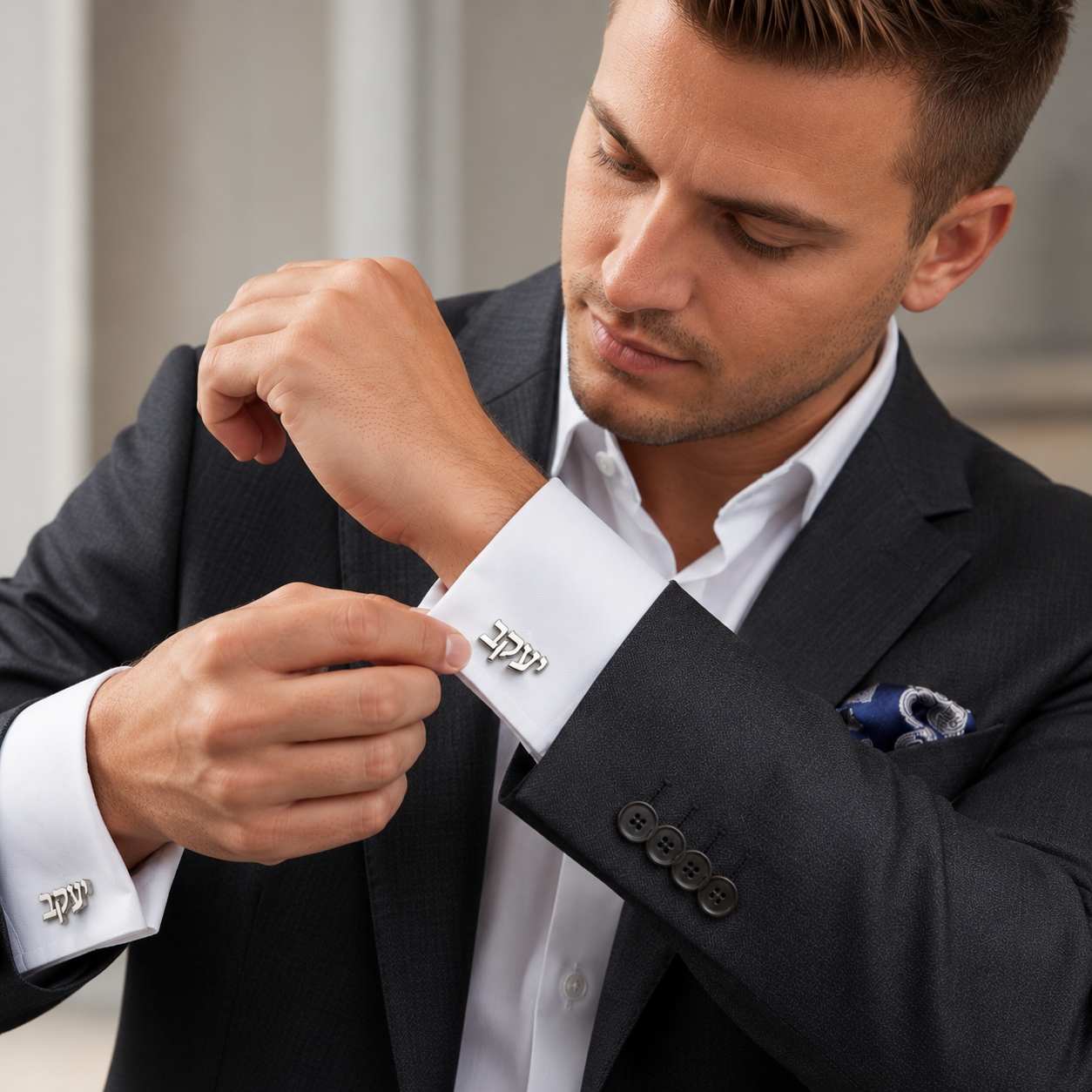 Custom Hebrew Name Cufflinks Sterling Silver, Cutout Letters with Toggle Clip, 22mm Custom Hebrew Name Cufflinks Sterling Silver, Cutout Letters with Toggle Clip, 22mm