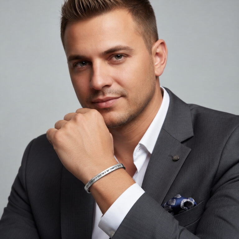 Man in a dark suit wearing a sterling silver engraved cuff bracelet with a hidden personalized message