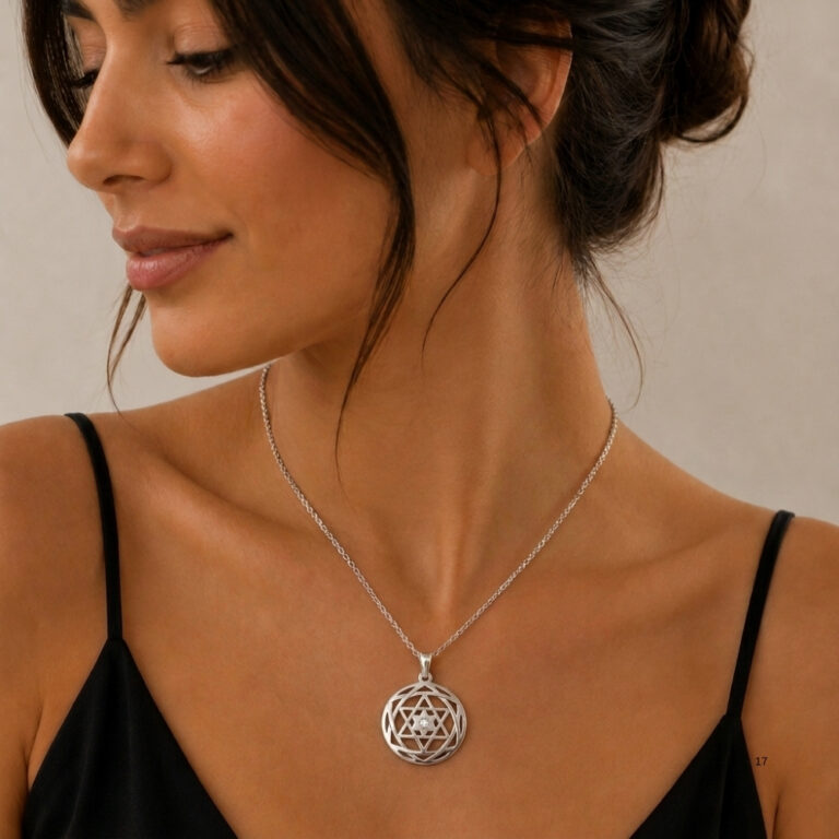 Woman wearing the custom Star of David birthstone necklace in sterling silver