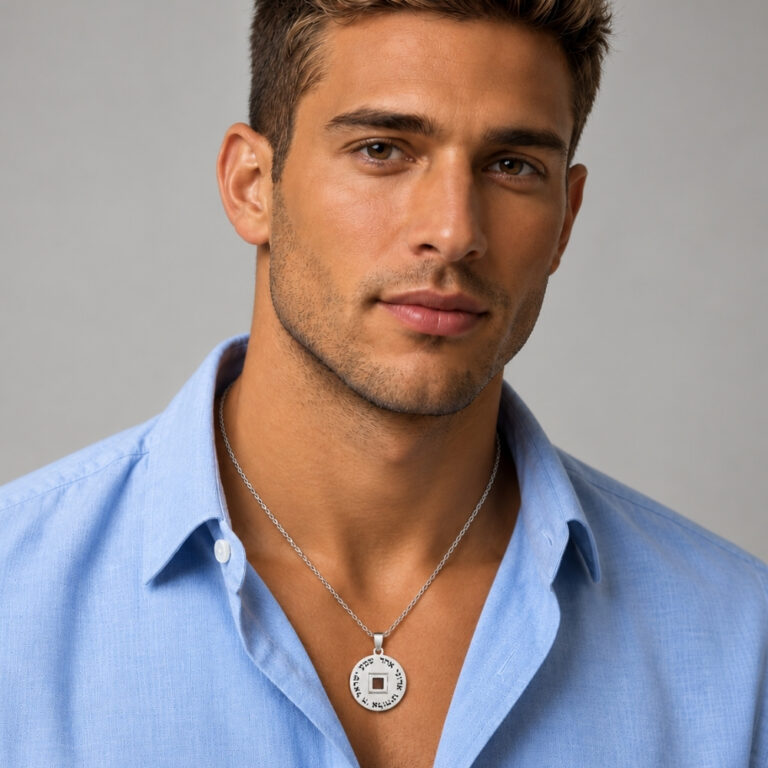 Man in a blue shirt wearing the round Nano Bible Priestly Blessing necklace in sterling silver