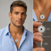 Man in a blue shirt wearing the Nano Bible Priestly Blessing necklace, with close-ups showing the 23mm pendant size and thickness