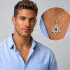 Man wearing a silver Star of David Nano Bible necklace, with close-up of the pendant