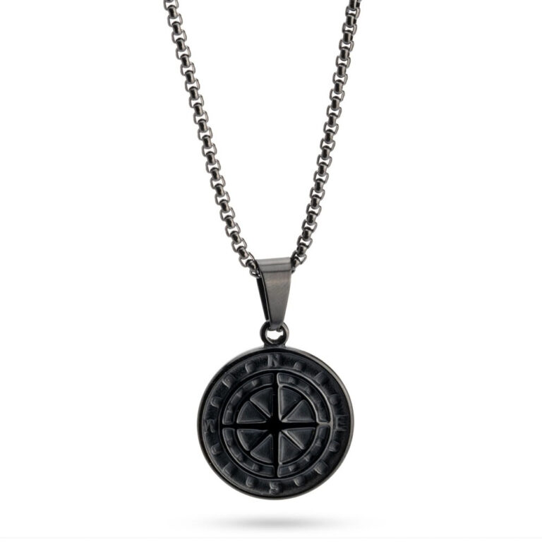 Black stainless steel compass pendant on a black box chain, on white background