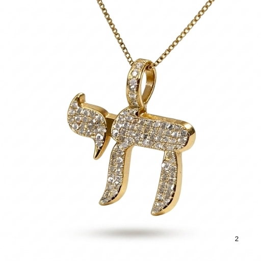 14K yellow gold pavé diamond Chai necklace on a white background