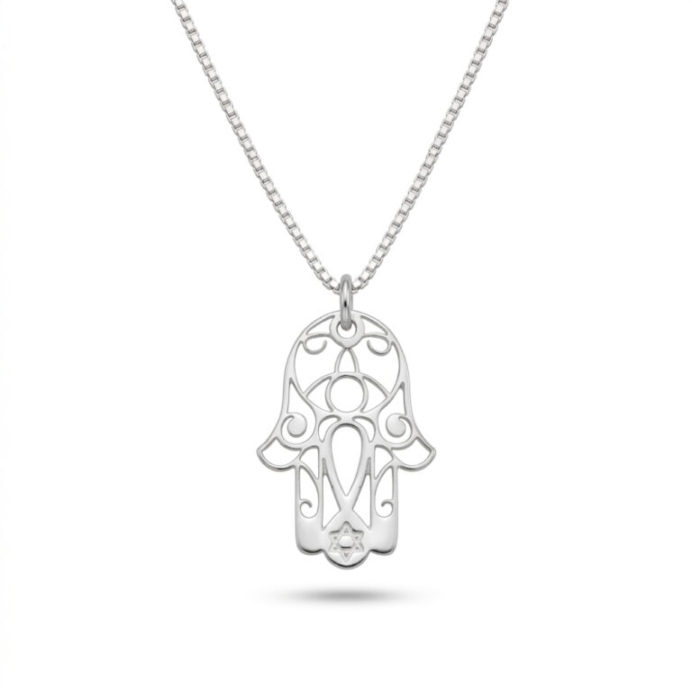 Sterling silver filigree Hamsa pendant with a small Star of David at the base, on a box chain, white background
