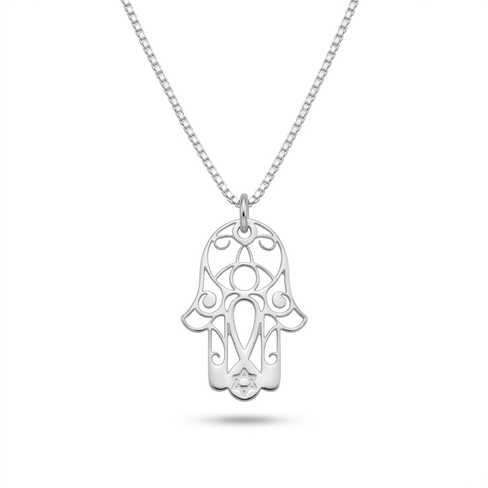 Hamsa Star of David Necklace, Sterling Silver Jewish Amulet Hamsa Star of David Necklace, Sterling Silver Jewish Amulet