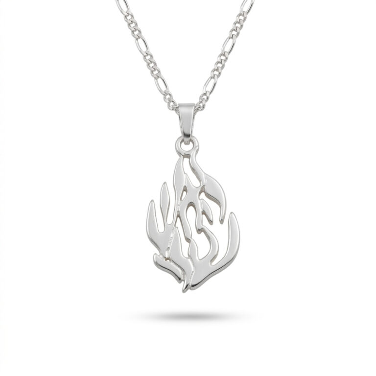 Sterling silver flame pendant with the Hebrew "האש שלי" (My Fire) cut into the flames, on a Figaro chain, white background