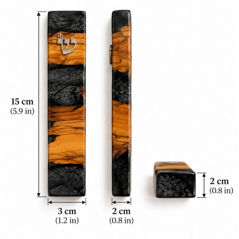 Olive wood mezuzah case dimensions: 15 cm (5.9 in) tall, 3 cm (1.2 in) wide and 2 cm (0.8 in) deep, front, side and top views
