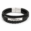 Engraved black leather bracelet for men with Am Yisrael Chai in Hebrew on a stainless steel bar, white background
