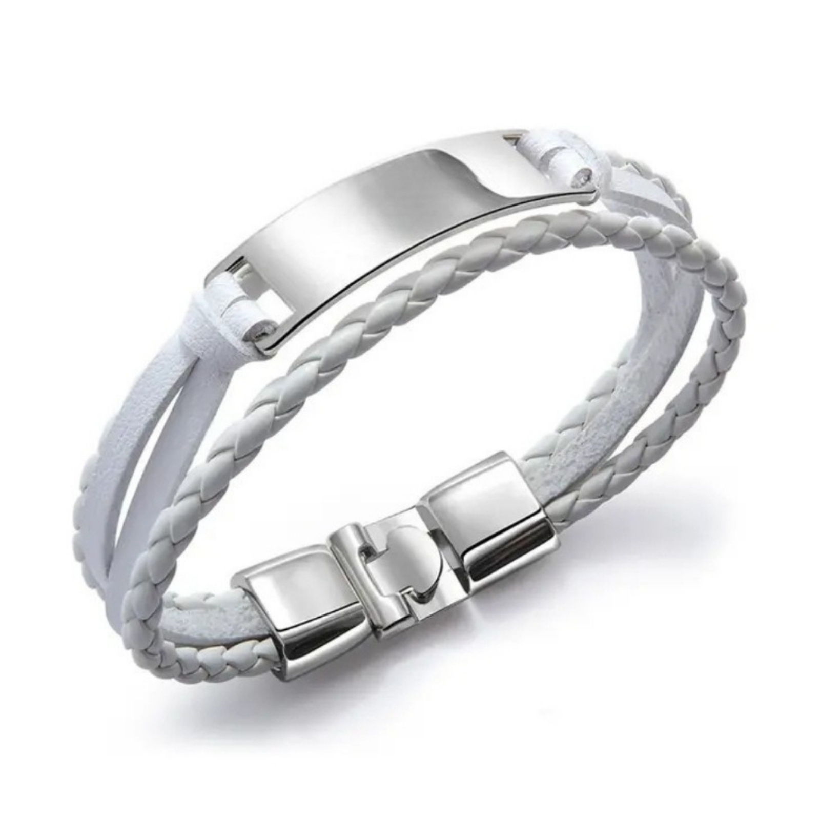 Men's Engraved Leather Bracelet, Braided Black, Brown or White, Hebrew or English Steel Nameplate Men's Engraved Leather Bracelet, Braided Black, Brown or White, Hebrew or English Steel Nameplate