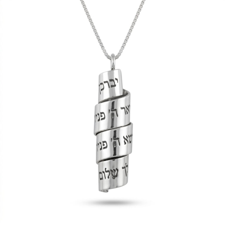 Sterling silver scroll pendant with engraved Hebrew verse on a white background, personalized Bible verse necklace