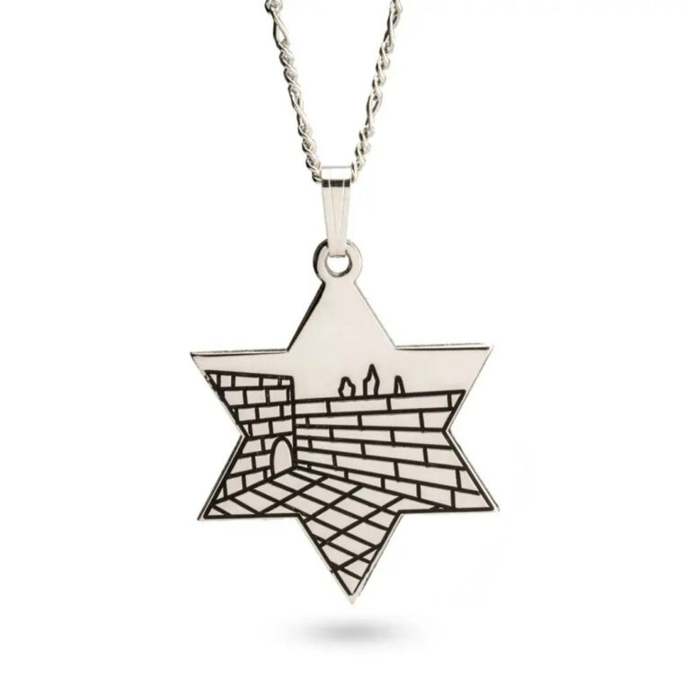 925 sterling silver Star of David pendant with engraved Western Wall (Kotel) design on a chain, white background