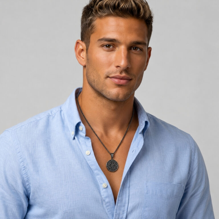 Man wearing a black stainless steel compass necklace