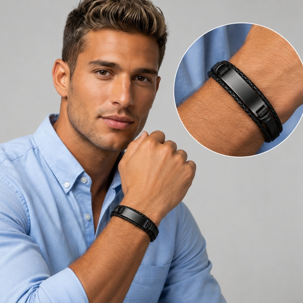 Men's Engraved Leather Bracelet, Braided Black, Brown or White, Hebrew or English Steel Nameplate Men's Engraved Leather Bracelet, Braided Black, Brown or White, Hebrew or English Steel Nameplate