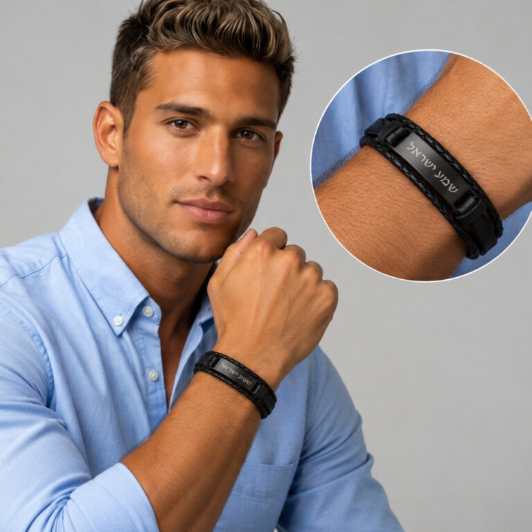 Man wearing a black braided leather bracelet with a black engraved nameplate, with a close-up of the men's bracelet on the wrist