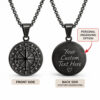Front of the black compass pendant and the back side with personal engraving option