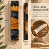 Olive wood and gray epoxy mezuzah case designed to hold a standard 12 cm (4.7 in) mezuzah scroll, with size details