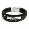 Black braided leather bracelet with a stainless steel bar engraved Shema Israel in Hebrew