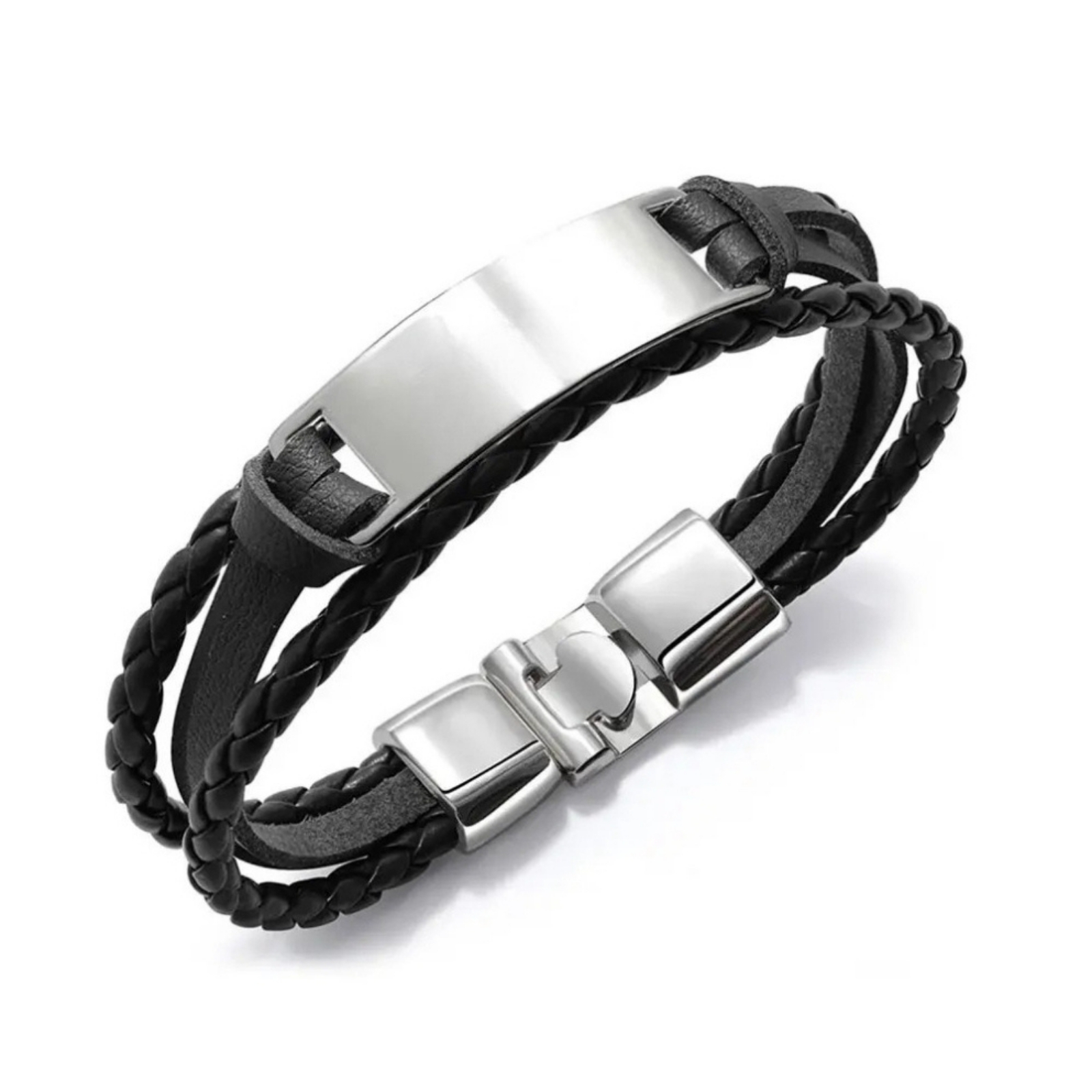 Men's Engraved Leather Bracelet, Braided Black, Brown or White, Hebrew or English Steel Nameplate Men's Engraved Leather Bracelet, Braided Black, Brown or White, Hebrew or English Steel Nameplate