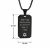 Dimensions of the black dog tag pendant: 19 mm wide by 35 mm high (0.75 x 1.38 in), shown with measurement arrows on the real necklace