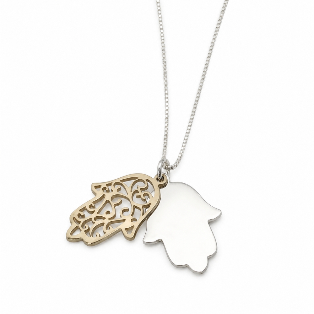 Two-Tone Hamsa Pendant Necklace — Sterling Silver & Gold Plated Judaica Two-Tone Hamsa Pendant Necklace — Sterling Silver & Gold Plated Judaica