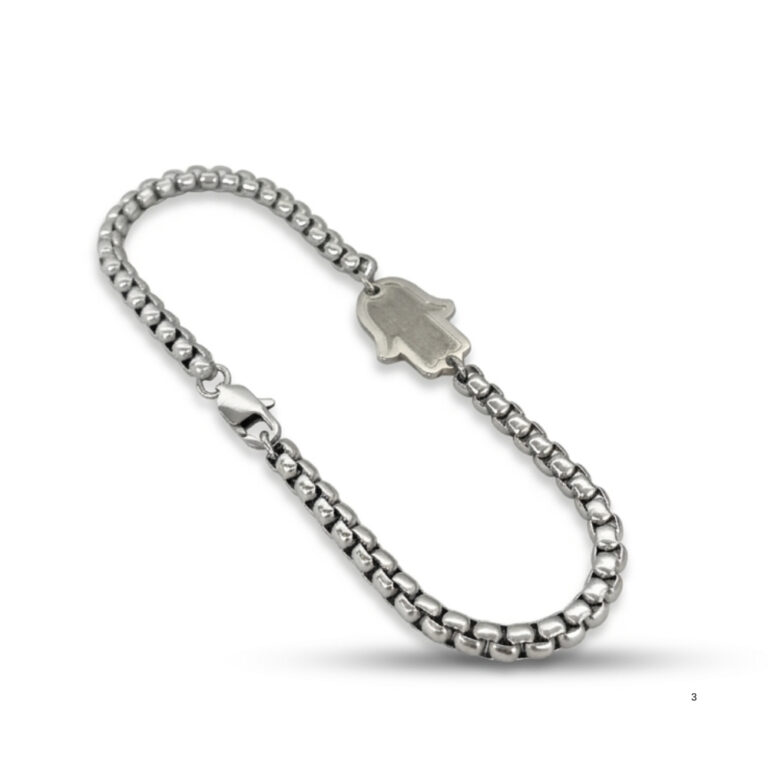 Blackened Silver Hamsa Bracelet — Stainless Steel Chain, Mens Judaica from Israel