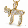 14K yellow gold pavé diamond Chai necklace pendant close-up on a white background