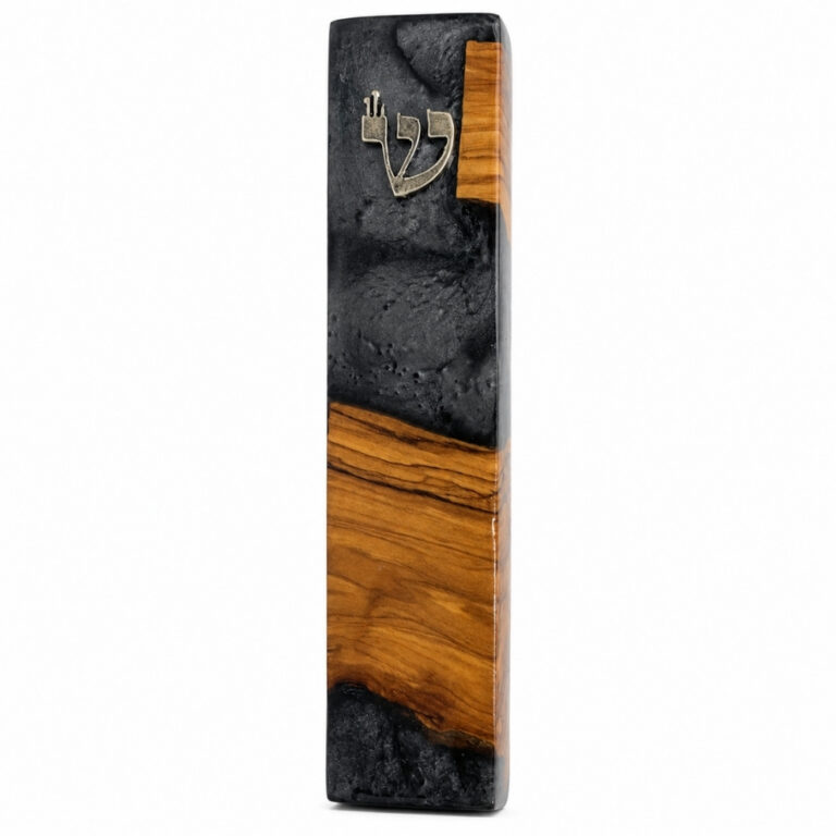 Style 1 handmade olive wood mezuzah case with gray epoxy accents and silver Shin, front view on white background