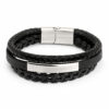 Blank stainless steel bar on a black braided leather bracelet for men, ready for custom Hebrew or English engraving